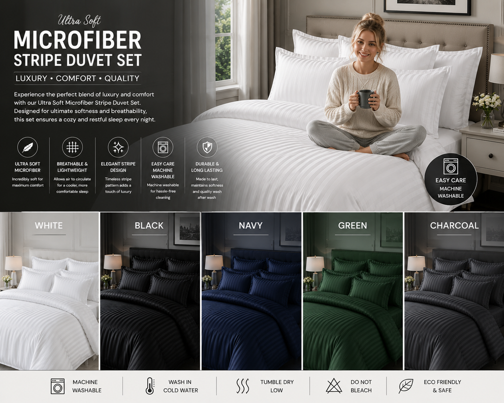 Ultra Soft Microfiber Stripe Duvet Cover Bedding Set in Black Navy Green & Charcoal Machine Washable & Eco