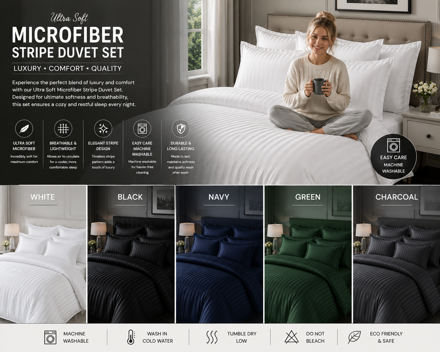 Ultra Soft Microfiber Stripe Duvet Cover Bedding Set in Black Navy Green & Charcoal Machine Washable & Eco