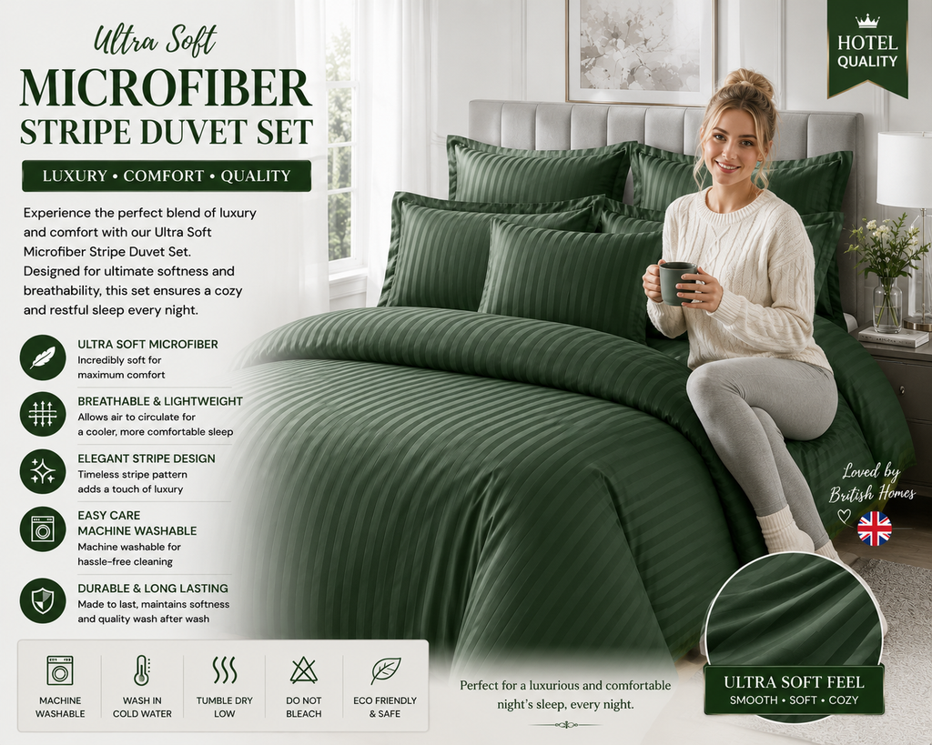 Ultra Soft Microfiber Stripe Duvet Cover Bedding Set in Black Navy Green & Charcoal Machine Washable & Eco