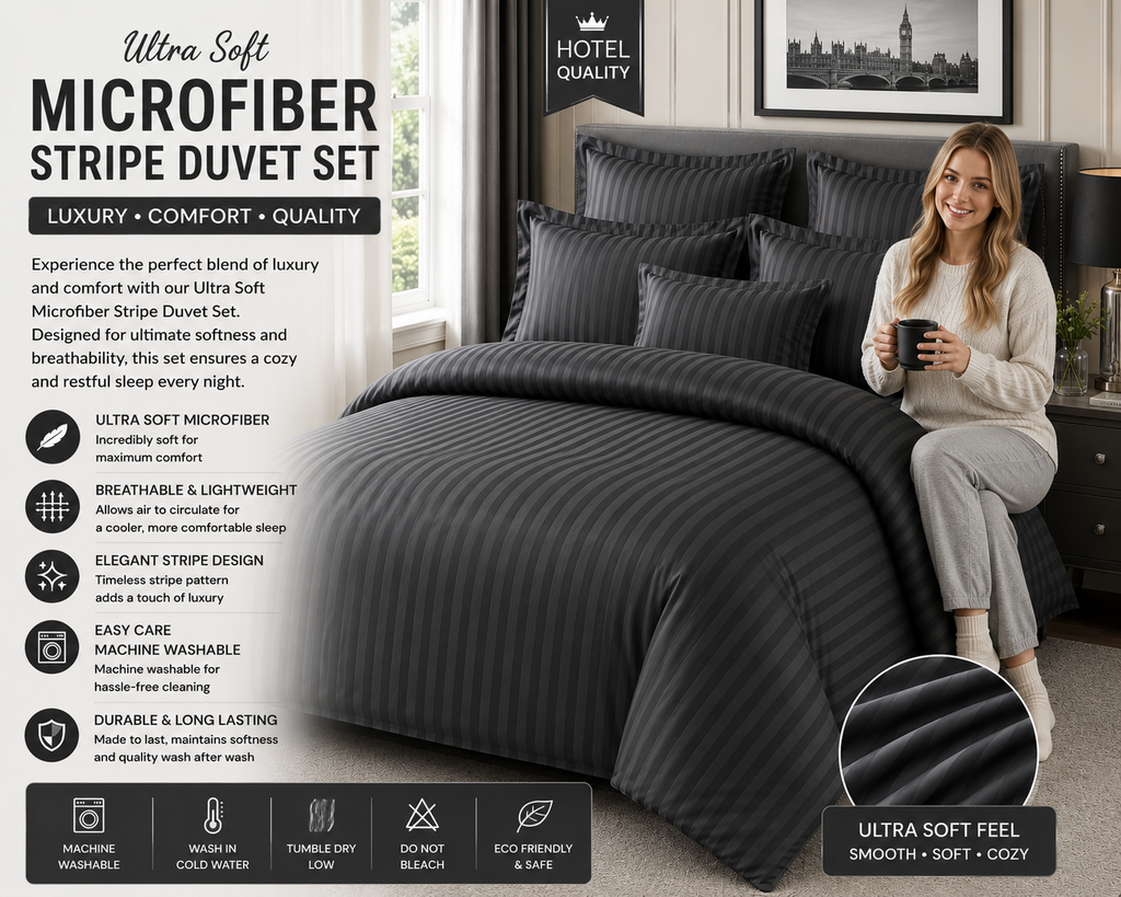 Ultra Soft Microfiber Stripe Duvet Cover Bedding Set in Black Navy Green & Charcoal Machine Washable & Eco