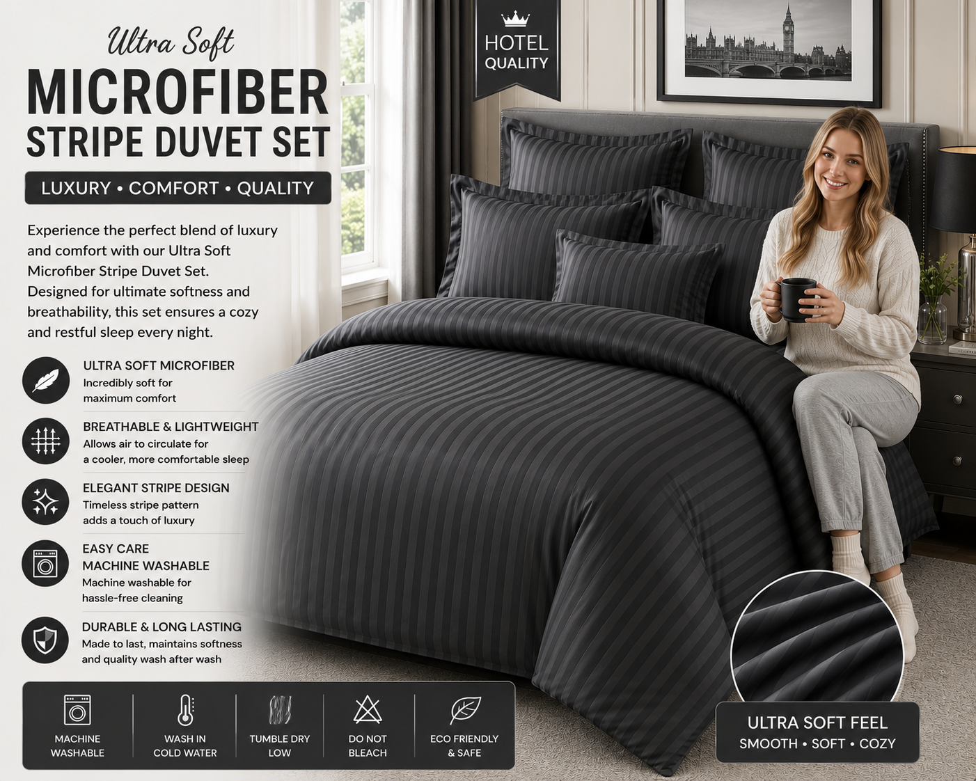 Ultra Soft Microfiber Stripe Duvet Cover Bedding Set in Black Navy Green & Charcoal Machine Washable & Eco