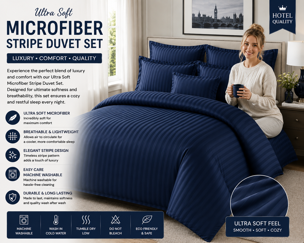 Ultra Soft Microfiber Stripe Duvet Cover Bedding Set in Black Navy Green & Charcoal Machine Washable & Eco