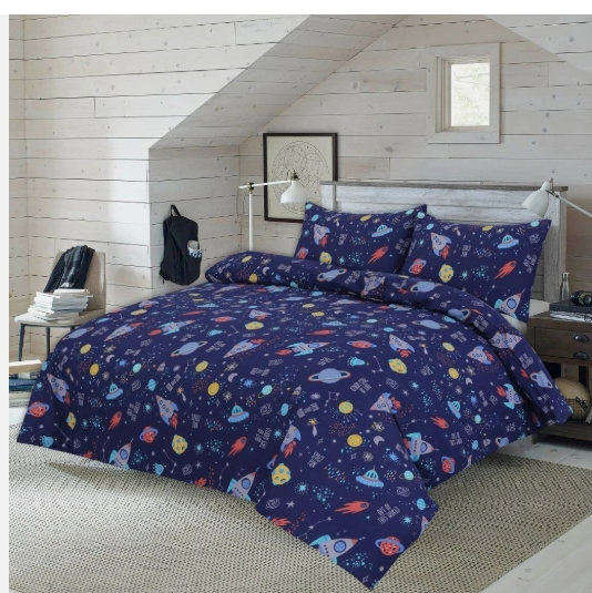 Space Galaxy Rocket Moon Stars Print Duvet Cover Pillowcase Bedding Set